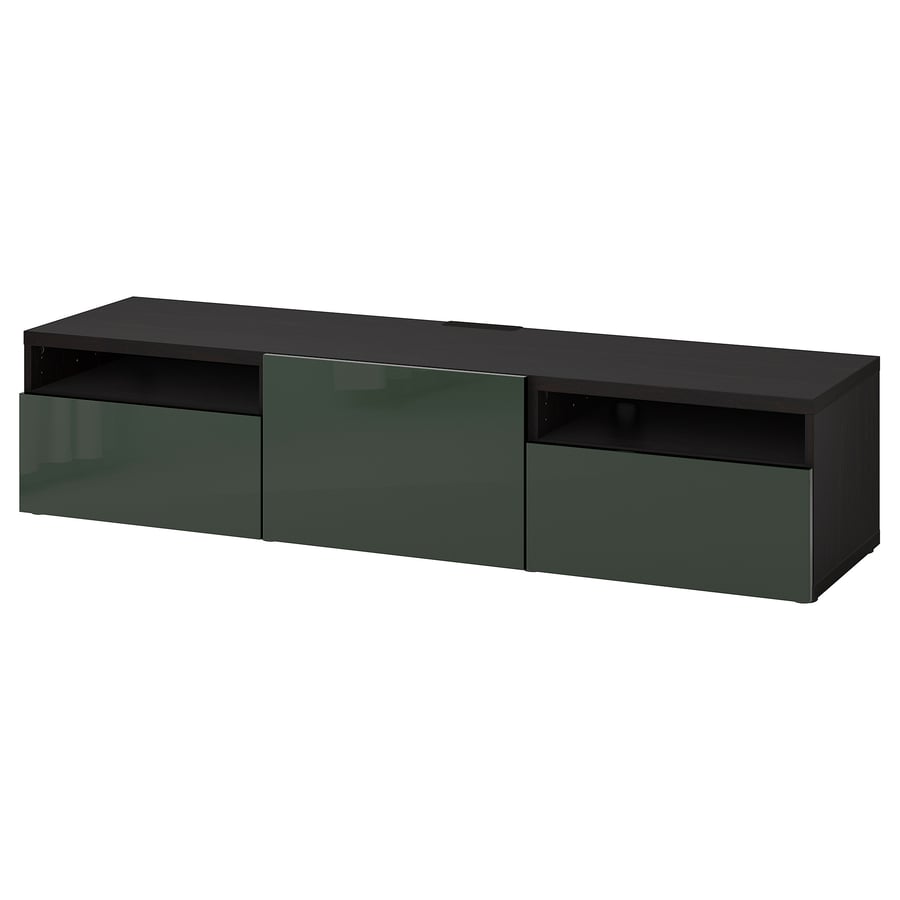 BESTÅ TV bench with drawers and door, blackbrown/Selsviken dark olivegreen, 180x42x39 cm IKEA