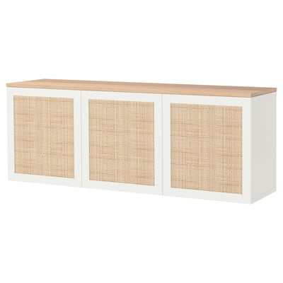 BESTÅ Wall-mounted cabinet combination, white Studsviken/white woven poplar, 180x42x66 cm