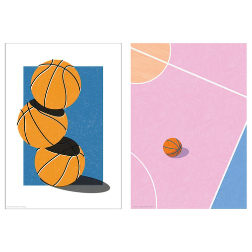 Two vibrant paintings of basketballs on contrasting backgrounds, one blue with stacked balls, the other a pink court with a single ball.