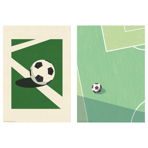 Two soccer-themed posters: green/white & pastel with field design.