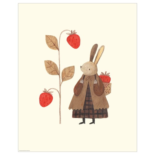 Illustrated rabbit holding strawberries, brown dress, beige background.
