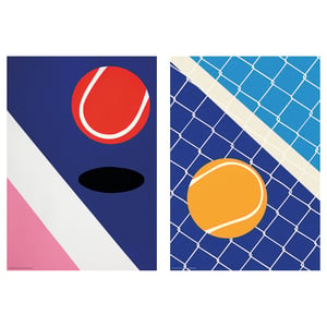 Two vibrant posters: one with red tennis ball, black racket on blue. Second with yellow ball on blue and light blue net. Bright, geometric designs.