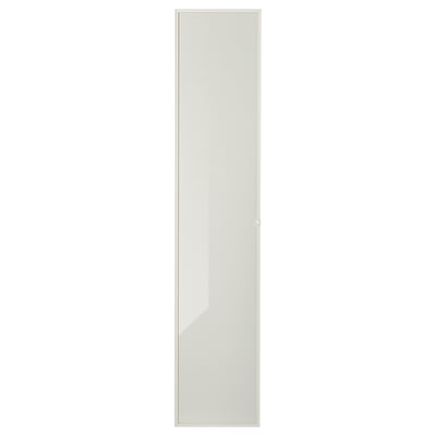 BILLY white glass bookcase door with minimalist design and adjustable hinges.