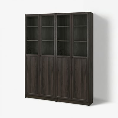 BILLY / OXBERG Bookcase comb w panel/glass doors, dark brown oak effect, 160x30x202 cm