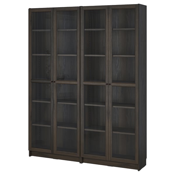 BILLY / OXBERG Bookcase combination w glass doors, dark brown/oak effect, 160x202 cm