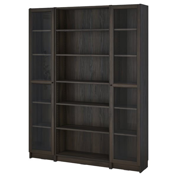 BILLY / OXBERG Bookcase combination w glass doors, dark brown oak effect, 160x202 cm