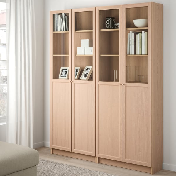 BILLY / OXBERG Bookcase combination with doors white stained oak veneer, glass IKEA