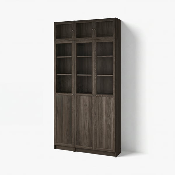 BILLY / OXBERG Bookcase w hght ext ut/pnl/glss drs, dark brown oak effect/clear glass, 120x30x237 cm