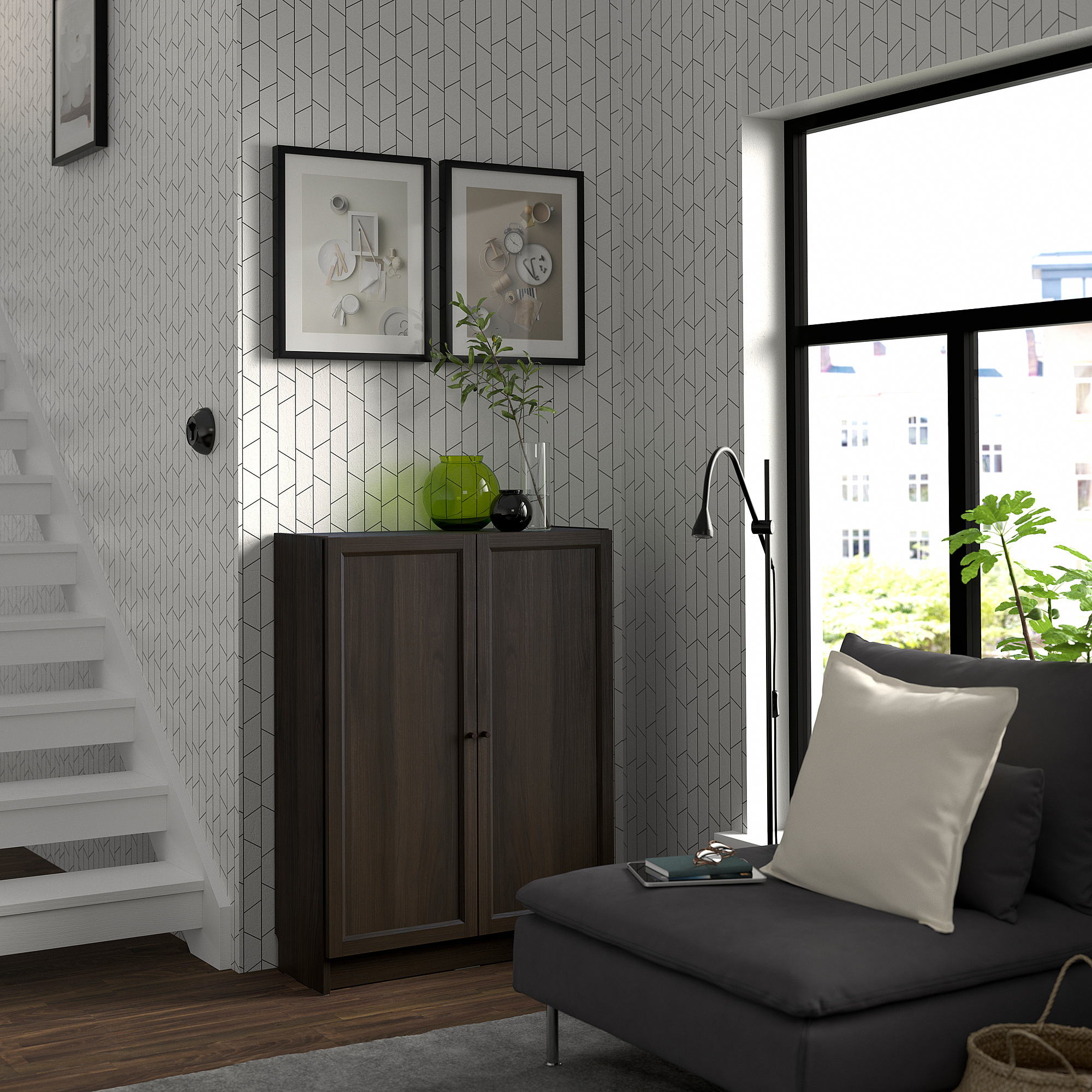 BILLY / OXBERG Bookcase with doors, dark brown oak effect, 80x30x106 cm