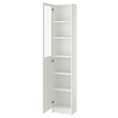 A white BILLY bookcase with glass doors, standing tall and rectangular, offering versatile storage.