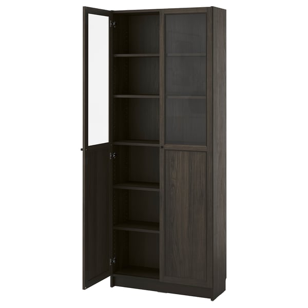 BILLY / OXBERG Bookcase with panel/glass doors, dark brown oak effect, 80x30x202 cm