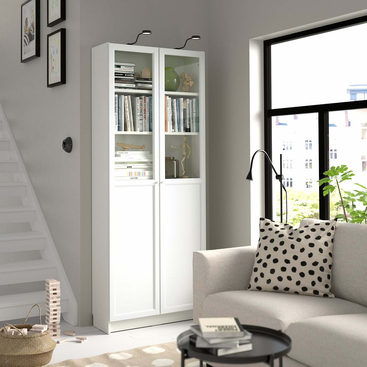 BILLY / OXBERG bookcase with panel/glass doors, white, 80x30x202 cm — picture 3