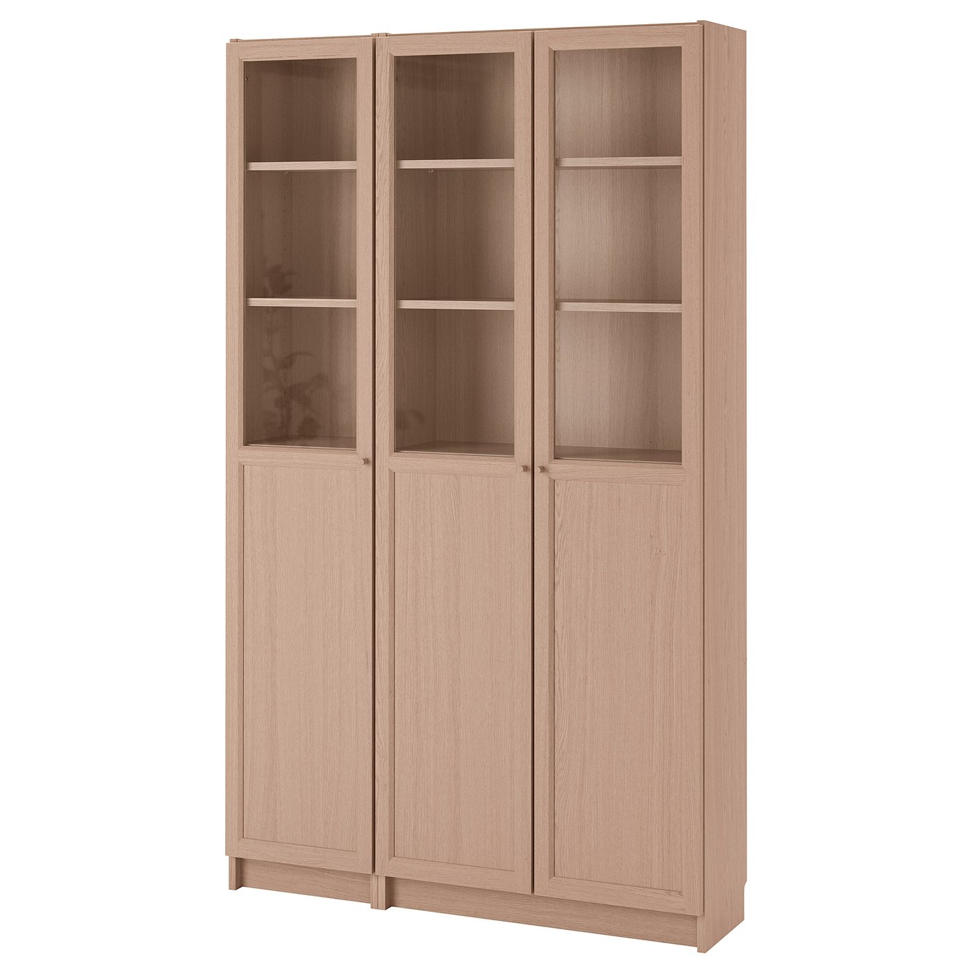 BILLY / OXBERG Bookcase with panel/glass doors white stained oak
