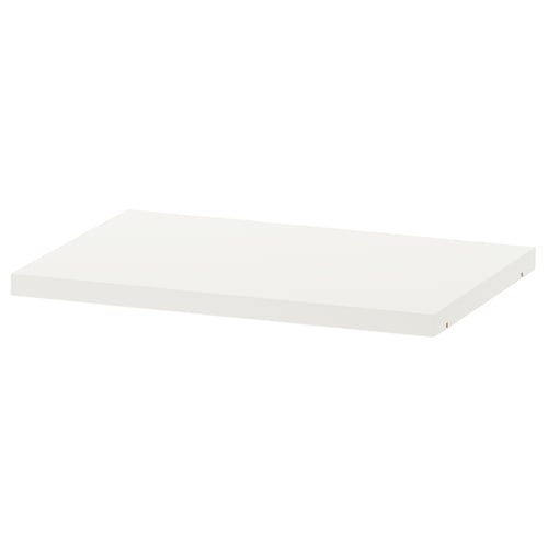 White rectangular shelf, flat surface, simple design, made of particleboard with plastic edging.