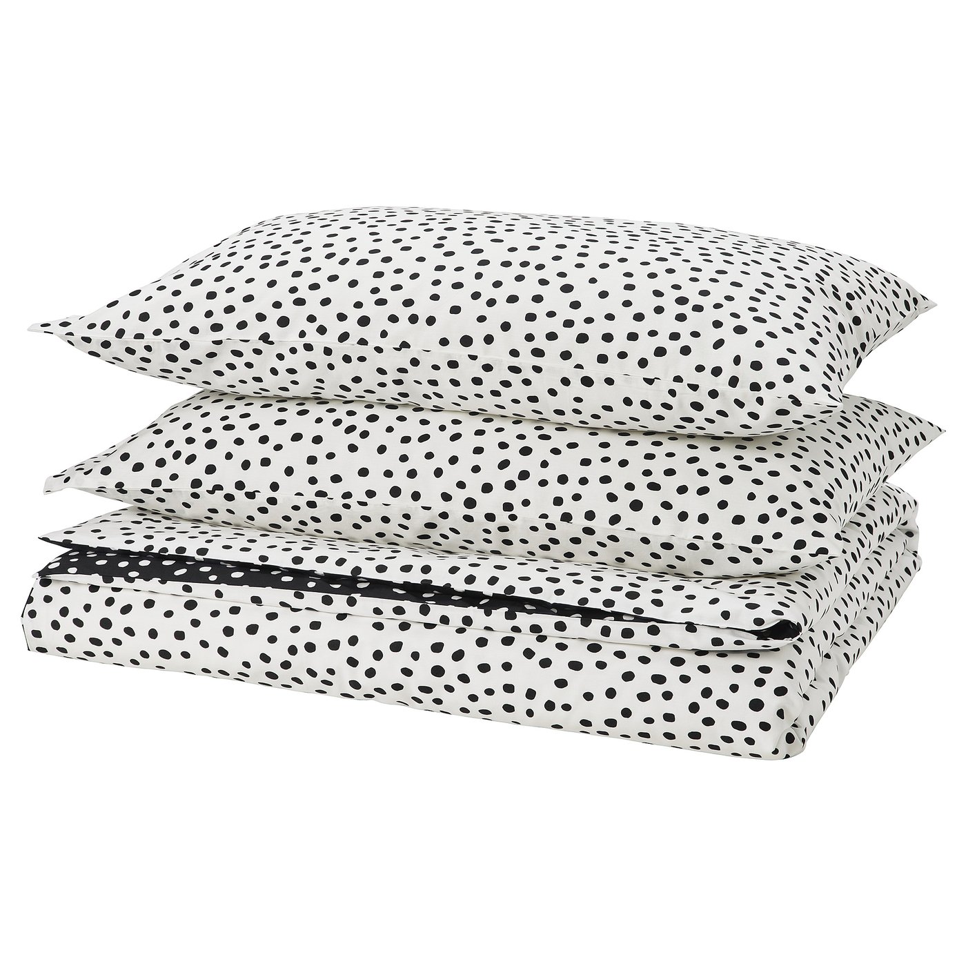 BJÖRKGRÅMAL duvet set, white with black dots, soft cotton-viscose, rectangular, folded neatly.