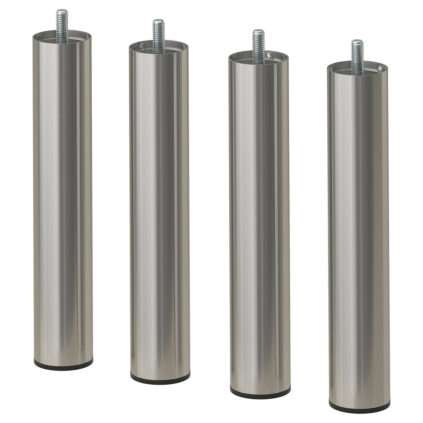 Four BJORLI stainless steel legs, cylindrical with threaded tops and black ends.