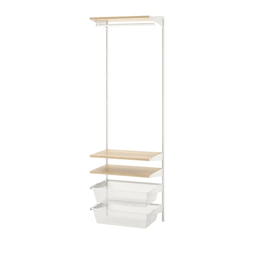 BOAXEL white wall storage: 3 shelves, hanging rail, mesh baskets, modern design.