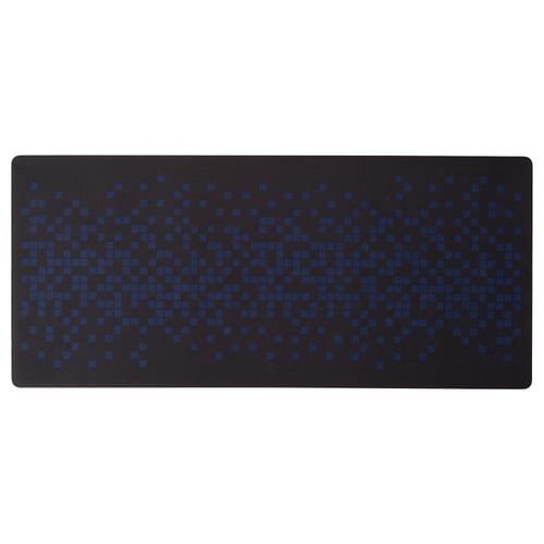 Black rectangular gaming mouse pad with blue pixel pattern, smooth surface, and non-slip rubber base.