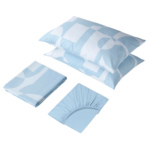 Blue geometric bedding set includes duvet cover, flat sheet, and pillowcases; made from recycled polyester with a soft brushed finish.