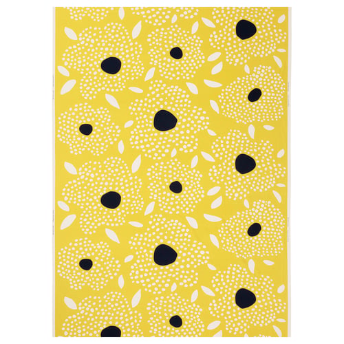 Vibrant yellow fabric, BUSKOPUNTIA, dotted with black and white shapes. Perfect for crafts, home decor.