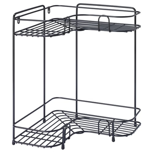 This image shows a black wire BUTORP corner shelf. It has an l-shape and two tiers, ideal for storage.