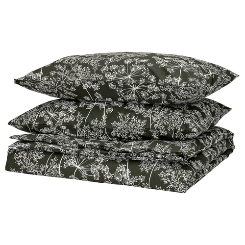 Green DAGGBJÖRNBÄR duvet set, white flower print, rectangular pillows, cotton/lyocell fabric.