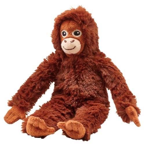DJUNGELSKOG plush orangutan, brown, soft recycled polyester, huggable, smiling face, long arms and legs, sitting pose.