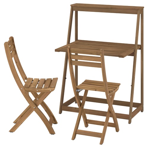 A compact brown wooden outdoor set, featuring a foldable table and two chairs, crafted from acacia wood, designed for small spaces.