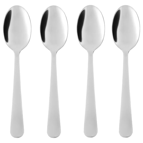 Four polished stainless steel spoons, each with a classic, smooth design, neatly arranged on a white background.