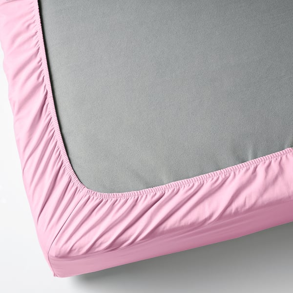 Fitted sheet with elastic edges for thicker mattresses. Grey cotton top, pink trim for stability.