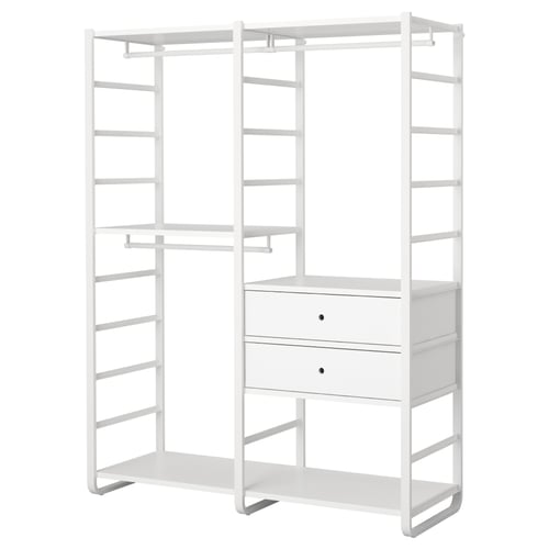 Its a white ELVARLI storage system, featuring open shelves and drawers, made of steel and aluminium, in a modern and minimalist design.
