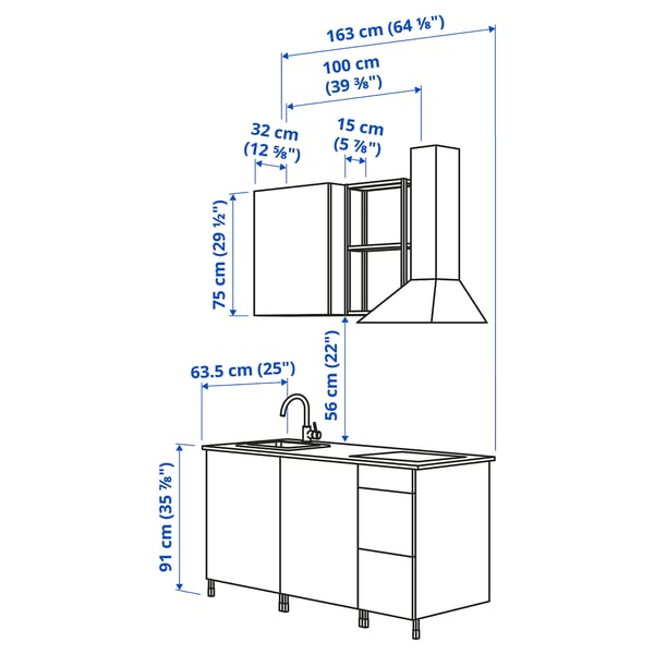 ENHET Kitchen, anthracite/white, 163x63.5x222 cm