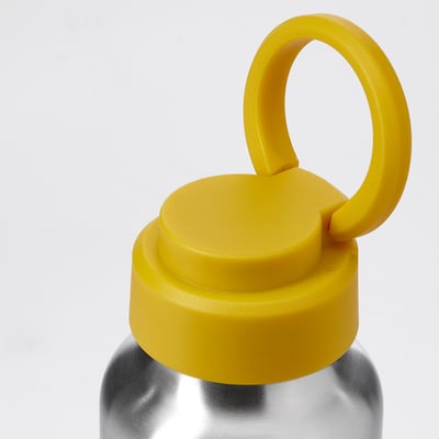 Stainless steel bottle with yellow lid and handle.