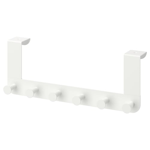 White ENUDDEN coat rack with 6 hooks, door-mounted, scratch-free back.