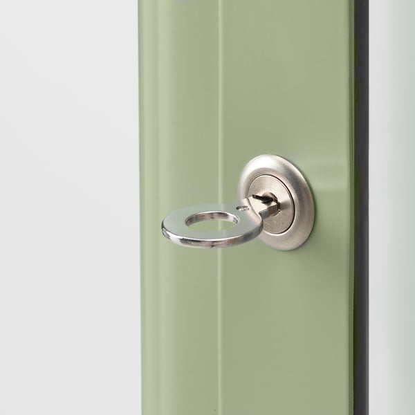 FABRIKÖR Glass-door cabinet, pale grey-green, 57x150 cm