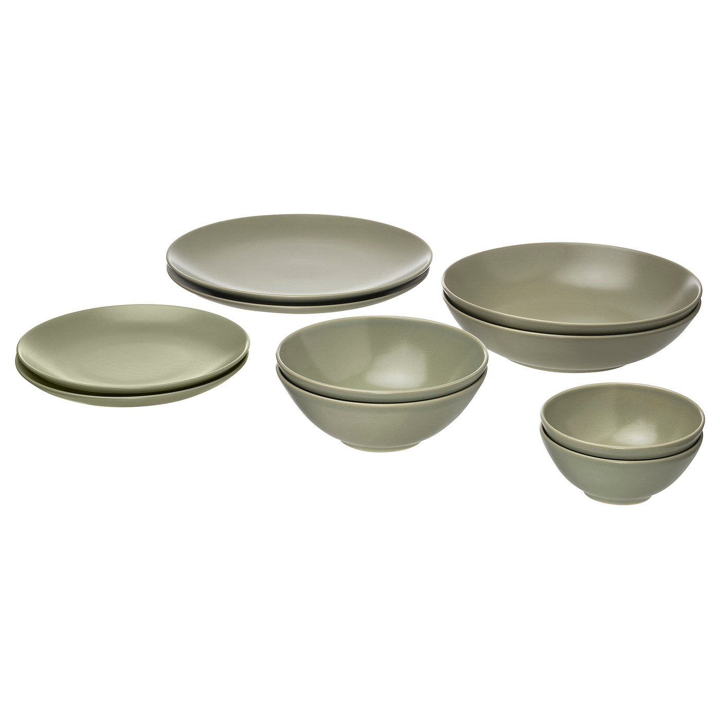 Six olive-green dishes, three plates, and three bowls of varying sizes, all in a sleek minimalist design, arranged in a stack.