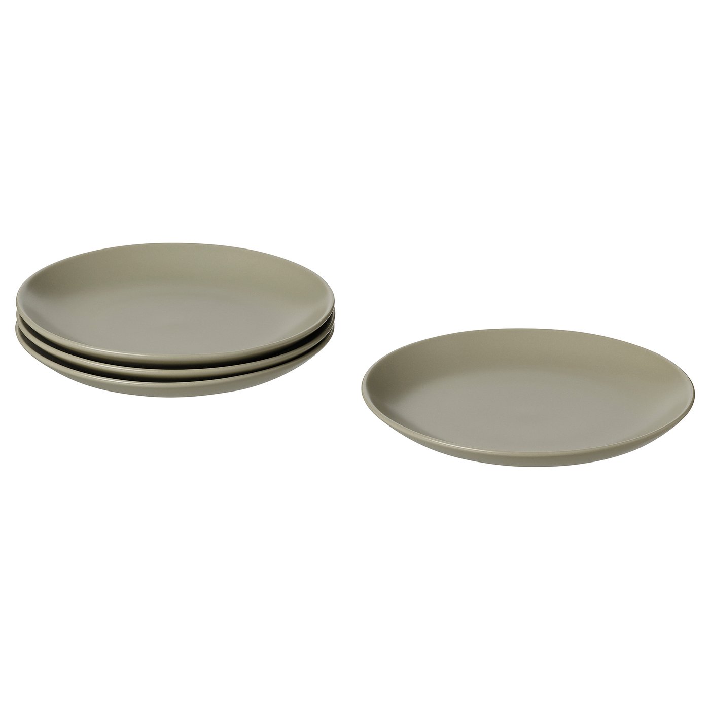 Two sets of four olive green plates, three stacked and one separate, with simple design and smooth, plain glazed stoneware surface.