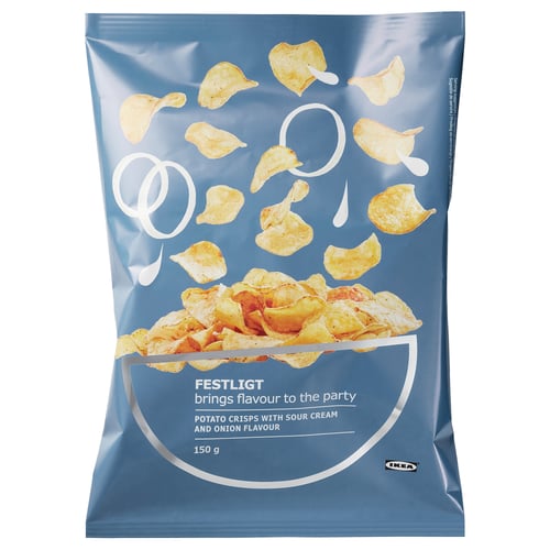IKEA festlig potato crisps package with sour cream onion flavour. Yellow crisps shown in flying and bowl shapes, bag weight 150g.