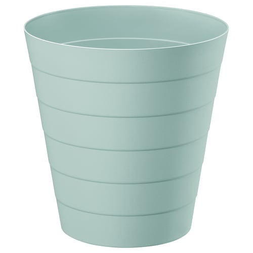 A FNISS waste bin in turquoise. Its made of durable recycled polypropylene. The bins cylindrical shape clean horizontal lines.