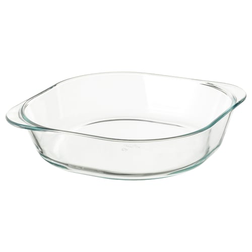 A clear, square glass baking dish. It has rounded edges and is designed for oven use.