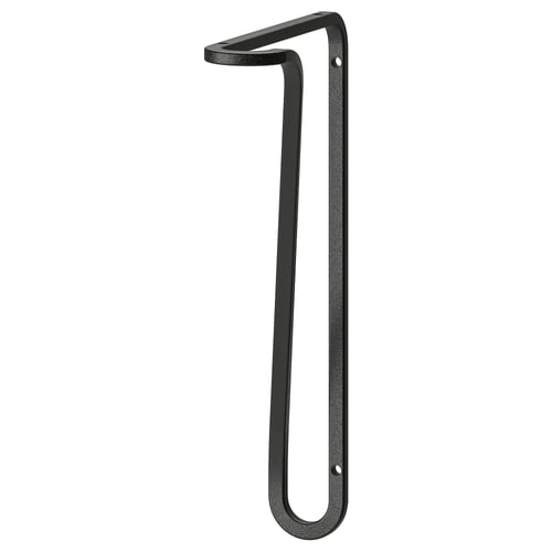 Black metal wall bracket FÖRLÄGGARE, slightly twisted design, fits shelves up to 30 cm deep.
