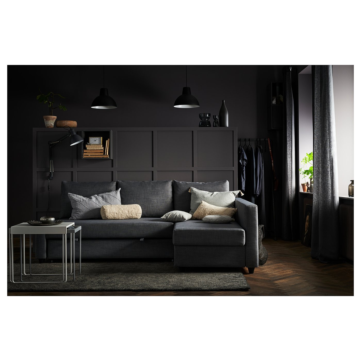 FRIHETEN corner sofa-bed with storage, Skiftebo dark grey — picture 2