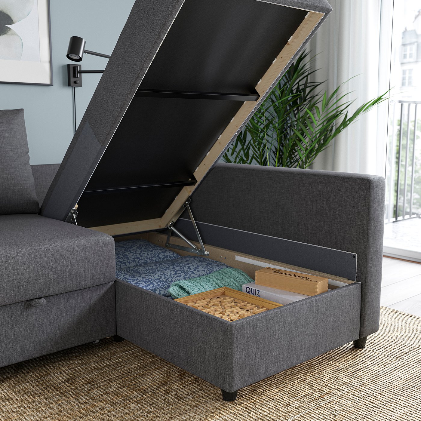 FRIHETEN corner sofa-bed with storage, Skiftebo dark grey — picture 8
