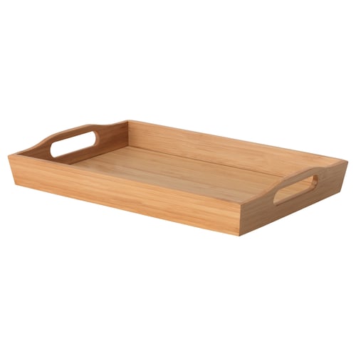 A rectangular wooden tray named FRUKTSKAL in natural colour, made of bamboo with two handles.