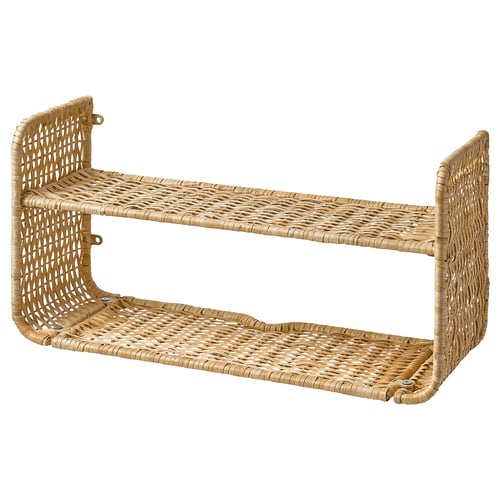 Natural rattan FRYKSÅS wall shelf with 2 tiers, brown, open sides.