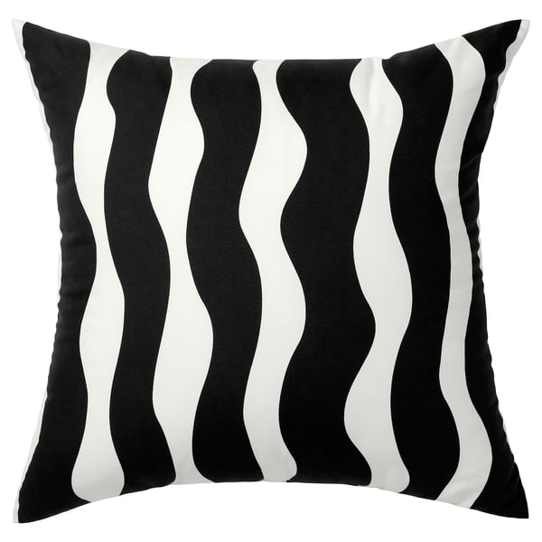 Black & white striped pillow with wavy design, square shape, recycled polyester material.