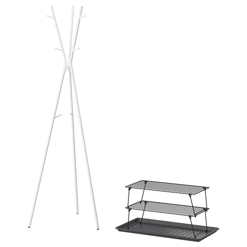 Two items: a white hat and coat stand with a triangular base and multiple hooks, and a black wire cooling rack with two tiers.