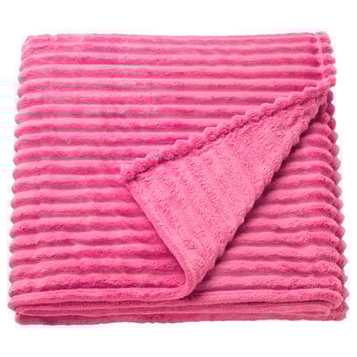 Bright pink, soft textured blanket with horizontal lines, rectangular shape, folded neatly.