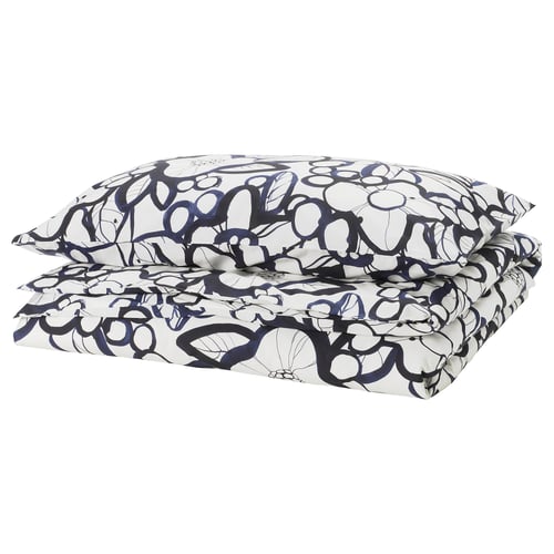 HÄRLIR white & blue floral bedding set, made from 50% recycled cotton, 50% lyocell, square shape with abstract floral design.