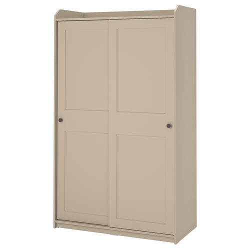 Beige HAUGA wardrobe with sliding doors, minimalist design, top shelf.